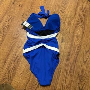 Lauren Ralph Lauren blue white halter one piece bathing suit summer size 6 beach